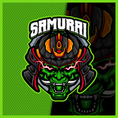 Samurai Oni Head mascot esport logo design illustrations vector template, Devil Ninja logo for team game streamer youtuber banner twitch discord, full color cartoon style