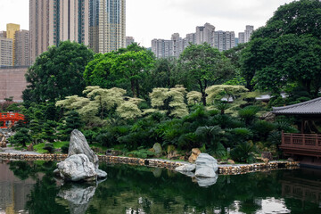 A park and woodland surrounded by residential areas in Hong Kong City, China