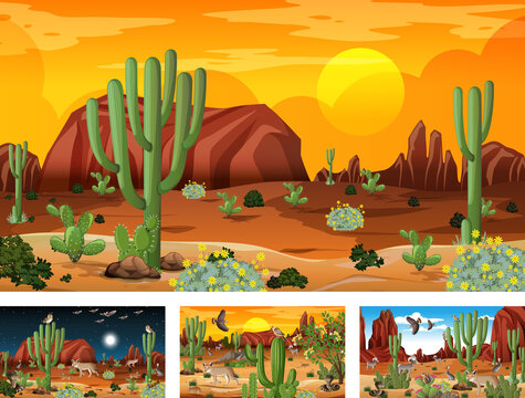 Different Scenes With Desert Forest Landscape With Animals And Plants