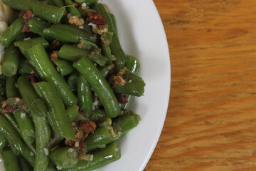Mashed Potatoes and Green Beans in Rural Cafe Restaurant
