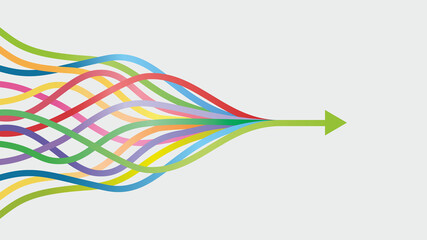 Vector illustration. Colorful lines intertwined in arrow. Dimensions 16:9.