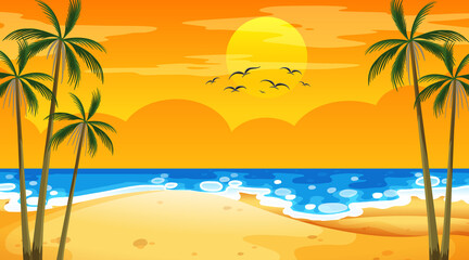 Fototapeta na wymiar Beach at sunset time landscape scene with palm trees