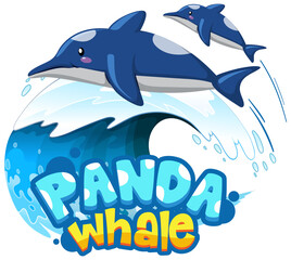 Dolphins cartoon character with Panda Whale font banner isolated