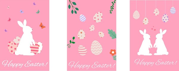 Vector banner with cute rabbits and colored eggs. Creative art for greeting cards.