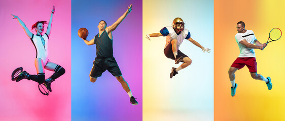 Collage of different professional sportsmen, fit people in action and motion isolated on color background. Flyer.