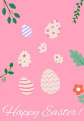 Vector illustration with colored eggs and plants for Easter. Creative idea for greeting cards.