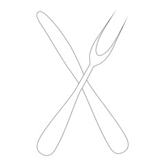 Vector drawing of a fork and knife intersection at the cross. In black and white on a white isolated background.