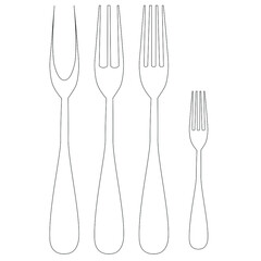 Vector drawing of a set of cutlery forks. In black and white on a white isolated background. 