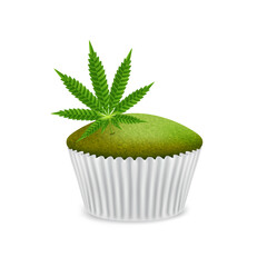 Green muffin, cupcake with cannabis leaf, on white background.