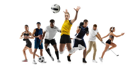Sport collage. Fitness, basketball, running, soccer football, voleyball, boxing, running, golf - men and women in motion