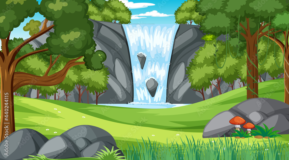 Sticker forest scene with various forest trees and waterfall