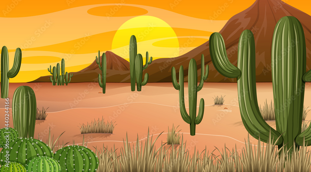 Sticker desert forest landscape at sunset time scene with many cactuses