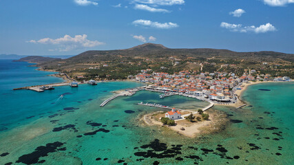 Obraz premium Aerial drone photo of picturesque seaside main village of Elafonisos island, Lakonia, Peloponnese, Greece