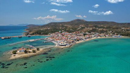 Aerial drone photo of picturesque seaside main village of Elafonisos island, Lakonia, Peloponnese, Greece