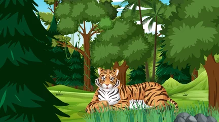 Badkamer foto achterwand A tiger in forest or rainforest scene with many trees © blueringmedia