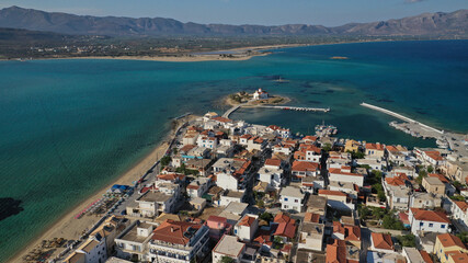 Aerial drone photo of picturesque seaside main village of Elafonisos island, Lakonia, Peloponnese, Greece