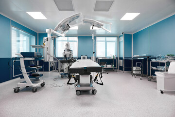 Operating room with modern equipment, spacious bright operating room, operating unit ready for surgery