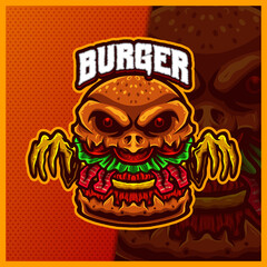 The Burger Monster mascot esport logo design illustrations vector template, cheeseburger logo for team game streamer youtuber banner twitch discord, full color cartoon style © FNR Graphics