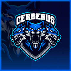 Cerberus Head Hellhound mascot esport logo design illustrations vector template, wolf fang animal logo for team game streamer youtuber banner twitch discord, full color cartoon style