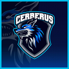 Cerberus Head Hellhound mascot esport logo design illustrations vector template, wolf fang animal logo for team game streamer youtuber banner twitch discord, full color cartoon style © FNR Graphics