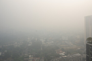 city skyline at sunset with more smog cabon dioxide pm2.5 cover over the city