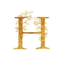 Gold Branch and alphabet - letter H with gold twigs composition.Gold alphabet letter on white background. A logo design element for a collection of T-shirts.
