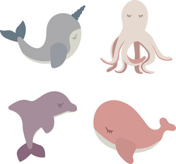 Cute vector ocean set with sea creatures for girls and boys summer baby shower and birthday design.Vector illustration with cute cartoon characters. Different sea animal: octopus, whale.