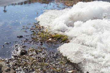 Spring puddles, snow drifts, snow, mud and a stream of thawed dirty water, a reflection of the sky