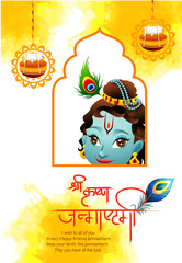 illustration of Lord Krishna playing bansuri (flute) in Happy Janmashtami festival background of India