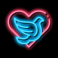 pigeon in center of heart neon light sign vector. Glowing bright icon pigeon in center of heart sign. transparent symbol illustration
