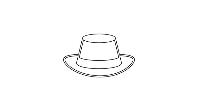 Black line Oktoberfest hat icon isolated on white background. Hunter hat with feather. German hat. 4K Video motion graphic animation