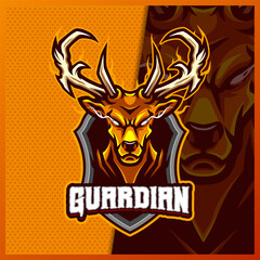 Golden Deer horn mascot esport logo design illustrations vector template, Buck logo for team game streamer youtuber banner twitch discord, full color cartoon style