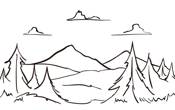 Vector Hand drawn Mountains sketch landscape with hills, pine and clouds. Line design