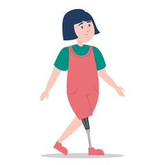 Girl with prosthetic leg walking vector isolated. Bionic limb, amputee child. Concept of people with disability. Happy little kid.