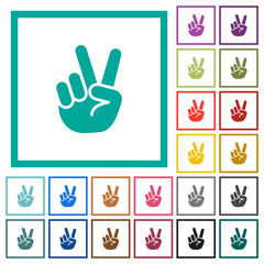 Victory sign hand gesture flat color icons with quadrant frames