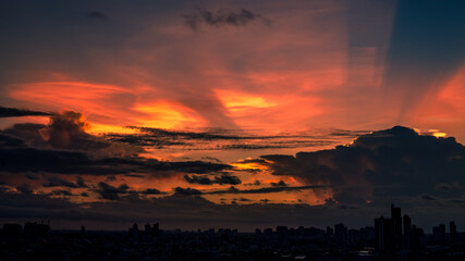 panoramic high-angle evening background of the city view,with natural beauty and blurred sunsets in the evening and the wind blowing all the time,showing the distribution of city center accommodation