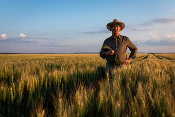 Portrait of senior farmer standing in wheat field at sunset.