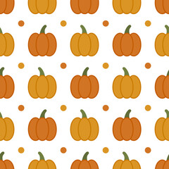 Pattern with cute pumpkins and dots. Vector illustration.