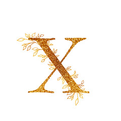 Naklejka premium Gold Branch and alphabet - letter X with gold twigs composition.Gold alphabet letter on white background. A logo design element for a collection of T-shirts.