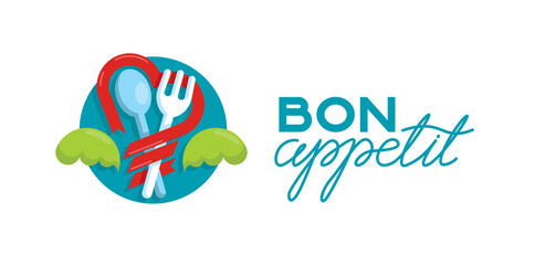 Bon appetit logo, fork and spoon with ribbon and lettuce leaves. Flat logo, heart-shaped ribbon.