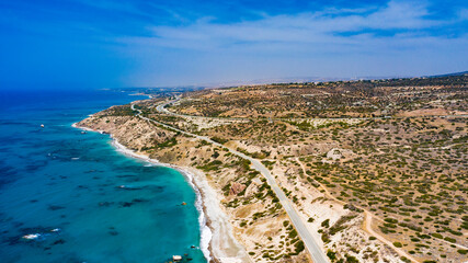 panoramic view of Cyprus road along coastline and small villages, aerial photography of popular...