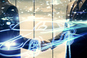 Double exposure of car drawing hologram and handshake of two men. Taxi hire concept.
