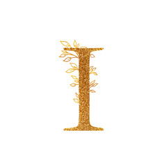 Gold Branch and alphabet - letter I with gold twigs composition.Gold alphabet letter on white background. A logo design element for a collection of T-shirts.