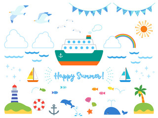 夏の海と船　かわいいモチーフセット（白背景）