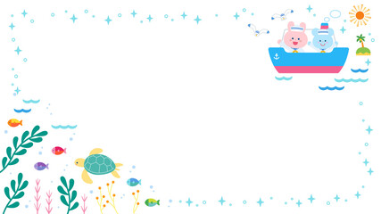 夏の海と船と動物たち かわいいフレーム Wall Mural M Tsukasa 夏の海と船と動物たち かわいいフレーム Wall Mural M Tsukasa