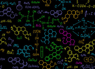 Multicolored handwritten chemistry and biology educational vector seamless pattern with  formulas and dna strands, molecular equations