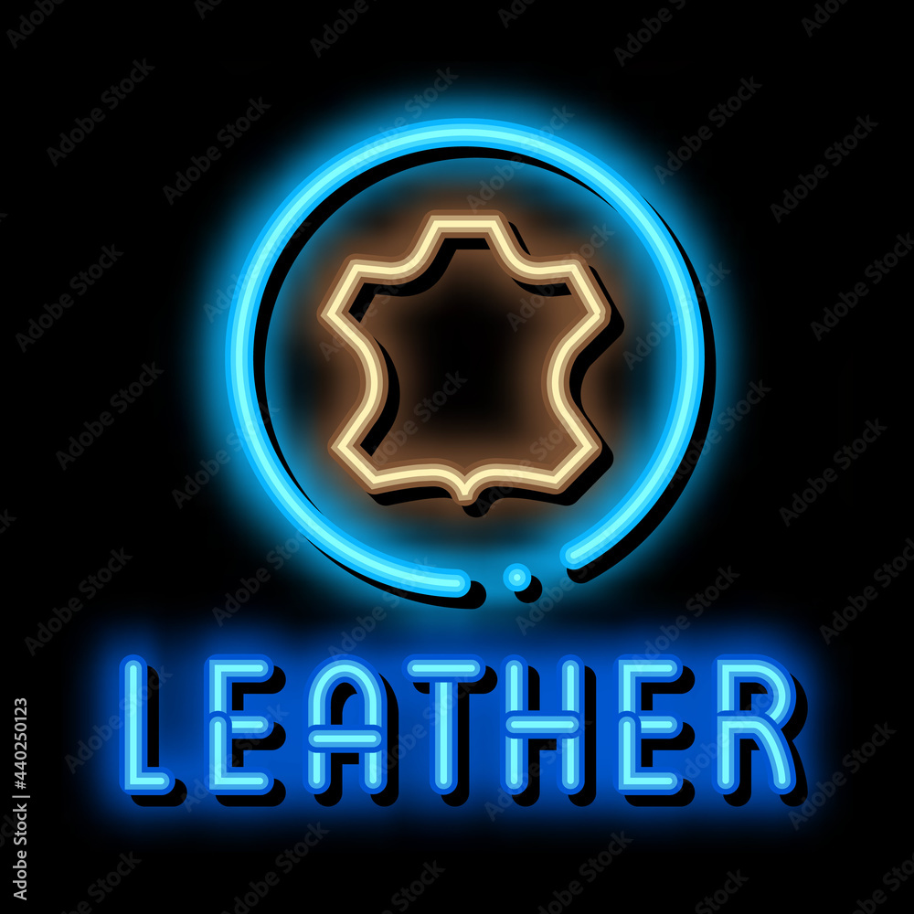 Sticker genuine leather label neon light sign vector. Glowing bright icon genuine leather label sign. transparent symbol illustration