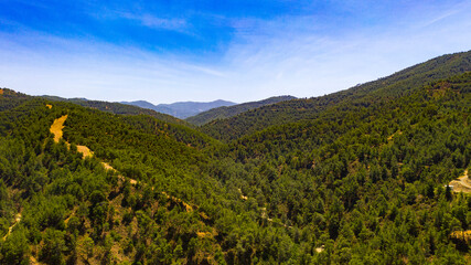 Fototapeta na wymiar Troodos Mountains Cyprus. Aerial view of the green hills