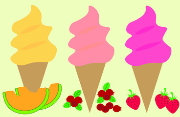 Set of soft serve ice cream in various summer fruits, cantaloupe, lingonberry and strawberry.