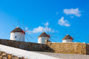 Windmill closeup from lower Ground Mykonos Island Greece Cyclades